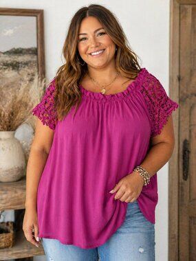 Davi & Dani Boho Lace Sleeve Top 3XL | Fuchsia Pink Off Shoulder Blouse Plus